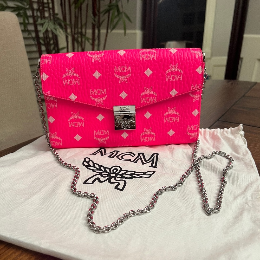 MCM Millie Visetos Crossbody in Neon Pink